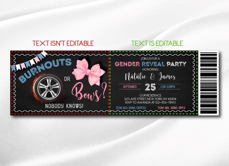 Burnouts or Bows Gender Reveal Ticket Invitation (Digital Template) image 3