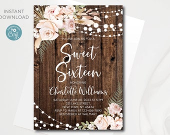 Modello di invito per i sedici anni in stile boho floreale (download digitale)