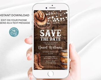 May include: A rustic save the date invitation on a smartphone screen. The invitation features a brown wooden background with a cowboy hat, boots, and a barrel. The text reads "Save the Date" and includes the name "Daniel Williams", the date "Saturday, August 24th", the time "at 5 PM", the address "321 Lake Street, New York, NY 43434", and the RSVP information "RSVP to Emma at 123-456-7890".