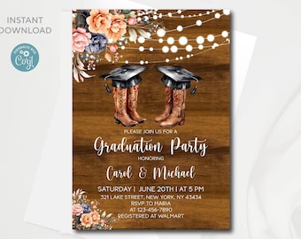 Western Sibling Graduation Party invitation | Editable rustic template | All text is editable | Instant download