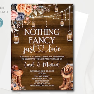 Bearbeitbare Western nichts Fancy Just Love Einladung Vorlage, Cowboy und Cowgirl Hochzeitseinladung, Instant Download
