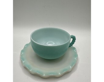 VTG Hazel Atlas Glass Turquoise Ripple Crinoline Cup Saucer Set Beaded Handle
