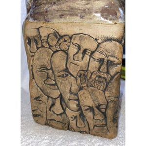 Unique Art Pottery Vase Multi Faces Mid  Century  double handle Piece 11”  RARE