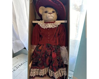 Vintage Bisque Cat Doll in Floral Dress and Bonnet – Victorian