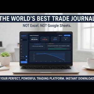 May include: A laptop displaying a trading platform interface with financial data, including a graph and numerical values. The screen shows the text "THE WORLD'S BEST TRADE JOURNAL" and "NOT Excel. NOT Google Sheets."