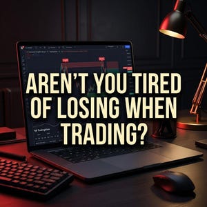 May include: A laptop displaying a TradingView financial chart with the text AREN'T YOU TIRED OF LOSING WHEN TRADING? in large yellow letters. The setup includes a black keyboard and a computer mouse on a dark desk with a desk lamp nearby.