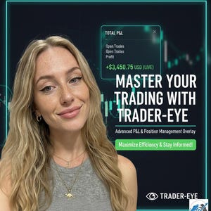 May include: A woman with long blonde hair smiles in front of a dark background with a teal border. Text reads "MASTER YOUR TRADING WITH TRADER-EYE" and "+$3,450.75 USD (LIVE)". The image promotes advanced P&L and position management.