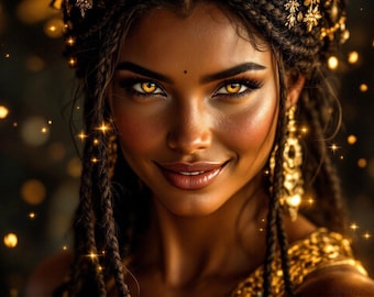 May include: A woman with dark brown braided hair and gold jewellery looks directly at the camera. She has dark brown skin and wears a gold necklace and earrings. The background is blurred and features golden lights.