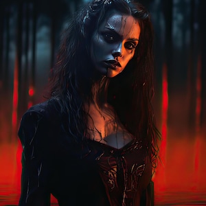 May include: A woman with dark hair and a black dress stands in a dark forest with red light reflecting off the water. She has dark makeup and appears to be wet.