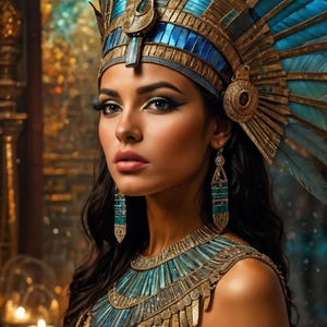 May include: A woman wearing a gold and blue headdress with a large, ornate necklace. The necklace is made of gold and blue beads and has a layered design. The woman is wearing a white dress and has dark hair.