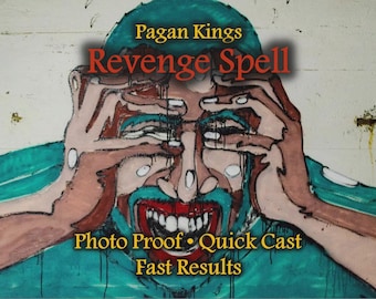 Może przedstawiać: Ilustracja zmartwionej twarzy z rękami zasłaniającymi oczy. Obraz zawiera tekst "Pagan Kings Revenge Spell" oraz dodatkowy tekst: "Photo Proof • Quick Cast Fast Results."