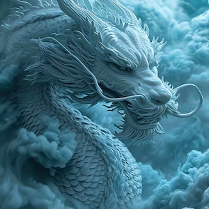 May include: A white, detailed, three-dimensional sculpture of a dragon emerging from a swirling blue cloud.