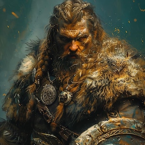 May include: A close-up portrait of a Viking warrior with a long, braided beard and a fierce expression. He is wearing a fur-lined cloak and a necklace with a large, round pendant. The background is a blurry, abstract image of a forest.