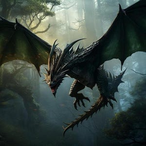 May include: A black dragon with green wings flies through a misty forest. The dragon has sharp claws and teeth, and its scales are textured.