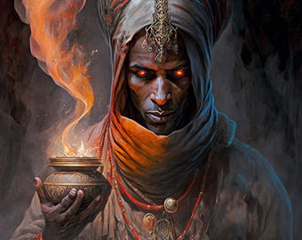 May include: A man with red eyes and a turban holds a small, ornate, gold-coloured pot with smoke rising from it. He is wearing a long, orange scarf and a necklace with red beads and metal charms.