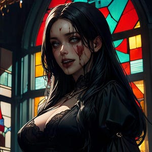 以下が含まれることがあります： 黒いレースのディテールが施された黒いドレスを着た、長い黒髪の女性。彼女は顔に血を付けて不気味な笑顔をしている。