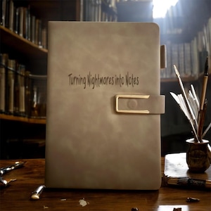 May include: A tan leather journal with the text "Turning Nightmares into Notes" embossed on the cover. The journal has a gold-colored clasp and a matching tab closure. The background features a wooden surface and a bookshelf.
