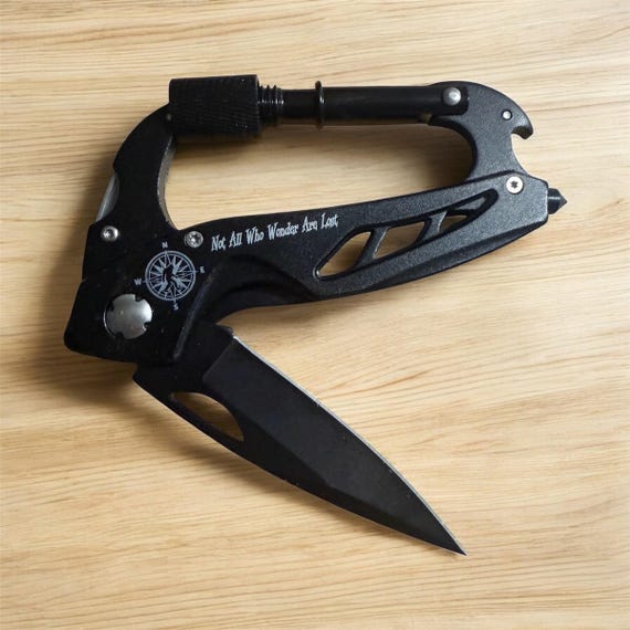 A pocket-sized laser-engraved carabiner multitool you can personalize — tiny, genuinely useful on adventures, and 561 favorites proves real demand.