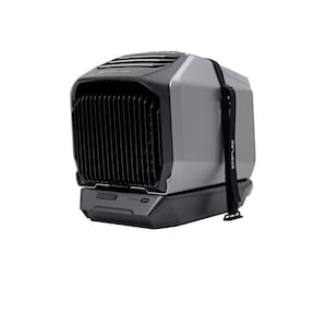 May include: A portable, gray and black air conditioner with a black strap that reads "ECOFLOW". The unit has a black front with vertical slats and a control panel with indicator lights. The top has a vent design.