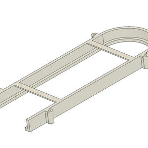 May include: A light gray, 3D-printed object with a rectangular frame and a curved top. The object has a hollow center and appears to be a structural component or support.