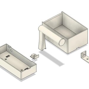 May include: An exploded view of a beige rectangular box with a cylindrical handle and several detached components. The box has a rectangular opening and appears to be made of plastic or a similar material. The components include a small square piece and a metal bracket.