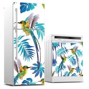 Refrigerator and Dishwasher Wrap Vinyl Set, Decorative Fridge Decals Waterproof Self Adhesive Sticker, Bird Kitchen Decor, Wrap Bird