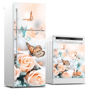 May include: A white refrigerator and dishwasher with a floral design featuring peach roses and butterflies. The design has a soft, dreamy aesthetic.