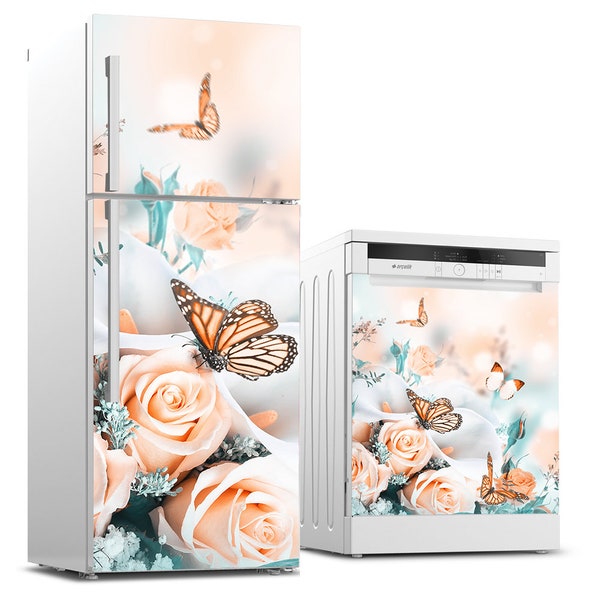 Refrigerator and Dishwasher Wrap Vinyl Set, Decorative Fridge Decals Waterproof Self Adhesive Sticker, Butterfly Rose Kitchen Decor, Wrap