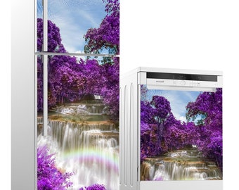 Refrigerator and Dishwasher Wrap Vinyl Set, Decorative Fridge Decals Waterproof Self Adhesive Sticker, Flower Kitchen Decor, Wrap Floral