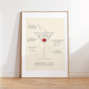 Carrello bar alla moda vintage stampa arte cucina minimalista arredamento parete arte retrò come costruire un cocktail Manhattan Digital Download 1 stampa