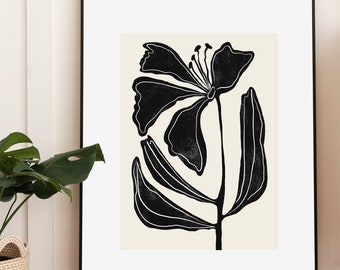 Póster botánico abstracto en bloque, descarga digital, arte mural beige y negro, botánico neutro, arte imprimible beige, ilustración floral