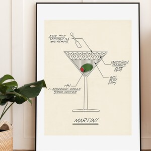 Carrello Bar alla moda vintage stampa arte cucina minimalista Decor parete arte retrò come costruire un cocktail Martini Download digitale 1 stampa