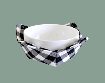 Buffalo Plaid Bowl Cozy, Black and White, Microwavable Soup Bowl Cozy - Kitchen Gifts - Ready to Ship