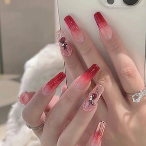 Red Rose Jelly Nails Reusable Press On Nails Long Coffin Press On Nails