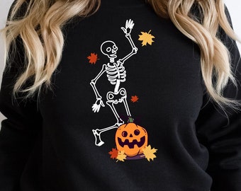 Dancing Skeleton Sweatshirt, Funny Pumpkin Gift Tshirt, Pumpkin Skeleton T Shirt, Fall Tee, Halloween Party T-shirt, Spooky Season Clothing