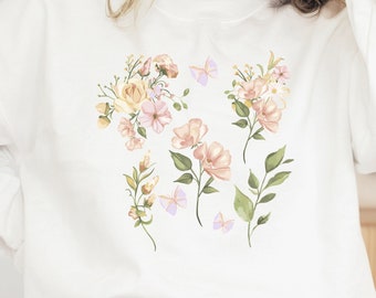 Cute Wildflower Tshirt, Women Floral Gift Tshirt, Pressed Wild Flowers Sweatshirt, Ladies Botanical Flower T-Shirts, Funny Nature Lover Tee