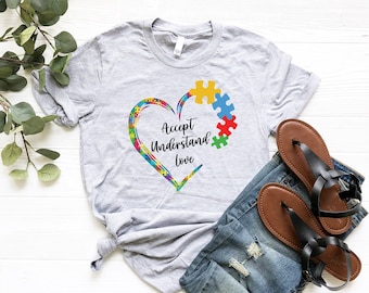 Heart Autism Tshirt, Autism Awareness Gift T Shirt, Accept Understand Love Sweatshirt, Autism Teacher Puzzle Piece Tee, Embrace Diversity T