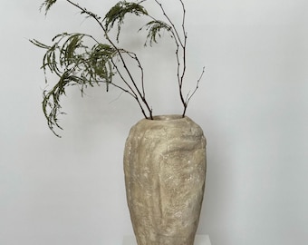 Large floor vase artisan vintage pottery earthenware tan beige stone vessel aged  hand crafted| antique|home decor French country primitive