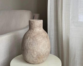 Aged pottery artisan warm earthy beige stone  vessel aged vase hand crafted| antique aged pottery vase|home decor|one of a kind