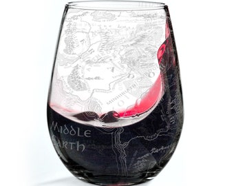 MAP of MIDDLE EARTH Engraved 17oz Wine Glass | Inspired by Tolkien, Hobbits, & Middle Earth | Christmas Gift | Unique Elvish Wizard Fantasy!