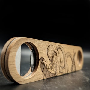 OCTOPUS Bottle Opener | OctoCraft Opener: Hand-Engraved Octopus Wood Bottle Opener - Nautical Barware | Great gift idea!