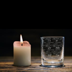 May include: A lit candle with a white wax exterior sits next to a clear glass with the periodic table printed on it. The glass has a small amount of liquid inside.