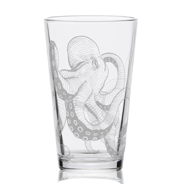 OCTOPUS Engraved 16oz Pint Glasses | Ocean Animals Marine Life Water Sea Creatures Boats Ships Beach | Great Beer Drinking Gift Idea!