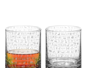 HIEROGLYPHIC (Set Of 2) Engraved 11oz Rocks Glass | Egyptian Handcrafted Glassware | Hieroglyphic Symbols of Ancient Egypt | Unique History