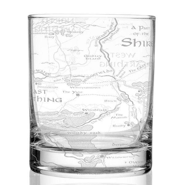 MAP of THE SHIRE Engraved 11oz Rocks Glass | Inspired by Tolkien, Hobbits, & Middle Earth | Christmas Gift | Unique Elvish Wizard Fantasy