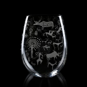PREHISTORIC CAVE ART Engraved 17oz Wine Glass | Ancient Symbol Laser Etched Glassware | Great Gift Idea!