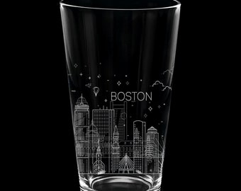 US CITY SKYLINE Engraved 16oz Pint Glasses | Massachusetts American Metro Sky Line Cities Map Travel Adventure Downtown | Great Gift Idea!