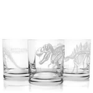 DINOSAUR Collection (Set of 3): T-Rex, Stegosaurus, Brontosaurus | Engraved 11oz Whiskey Rocks Glasses | Great Paleontology Gift