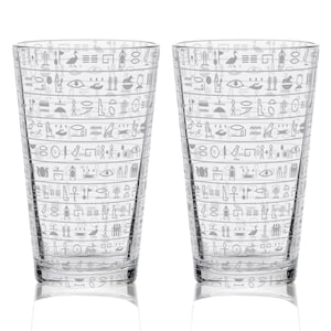 HIEROGLYPHIC (Set Of 2) Engraved 16oz Pint Glass | Egyptian Handcrafted Glassware | Hieroglyphic Symbols of Ancient Egypt | Unique History