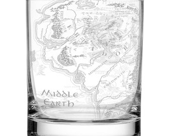 MAP of MIDDLE EARTH Engraved 11oz Rocks Glass | Inspired by Tolkien, Hobbits, & Middle Earth | Christmas Gift | Unique Elvish Wizard Fantasy